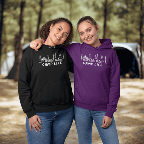 Introducing the ultimate companion for your outdoor adventures: the Camp Life Hoodie. Designed for those who find solace under the stars and joy by the campfire, this hoodie encapsulates the essence of camping. Featuring a picturesque camping scene that speaks directly to the heart of outdoor enthusiasts